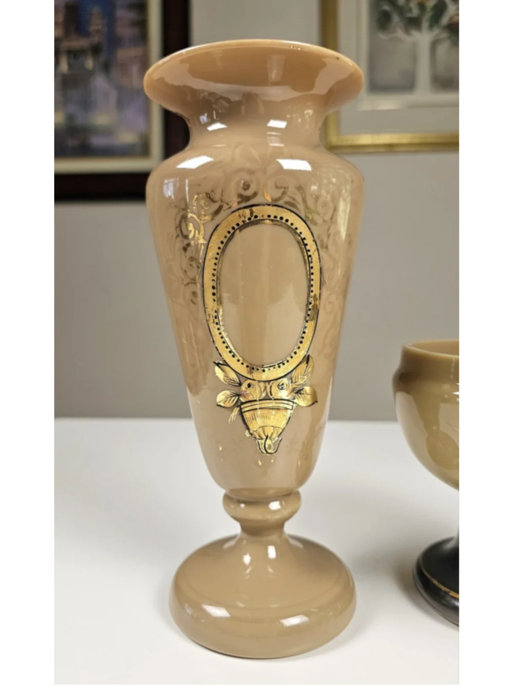 Antique Victorian Bristol Glass Vase Set Gold Gilt Hand Blown Taupe Pontil 8.5